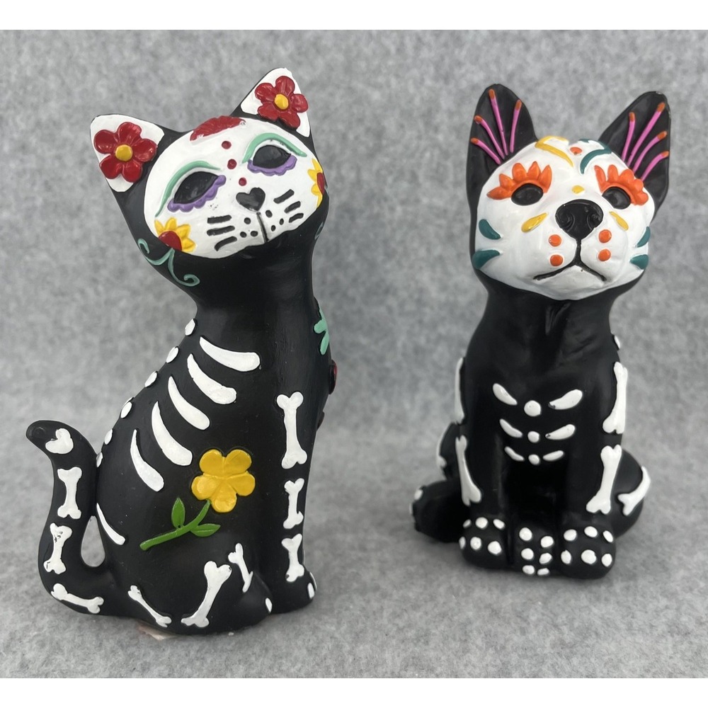 Day Of The Dead Cat Dog Figurines Set 2 Black Resin Skeleton Skull Holiday Decor